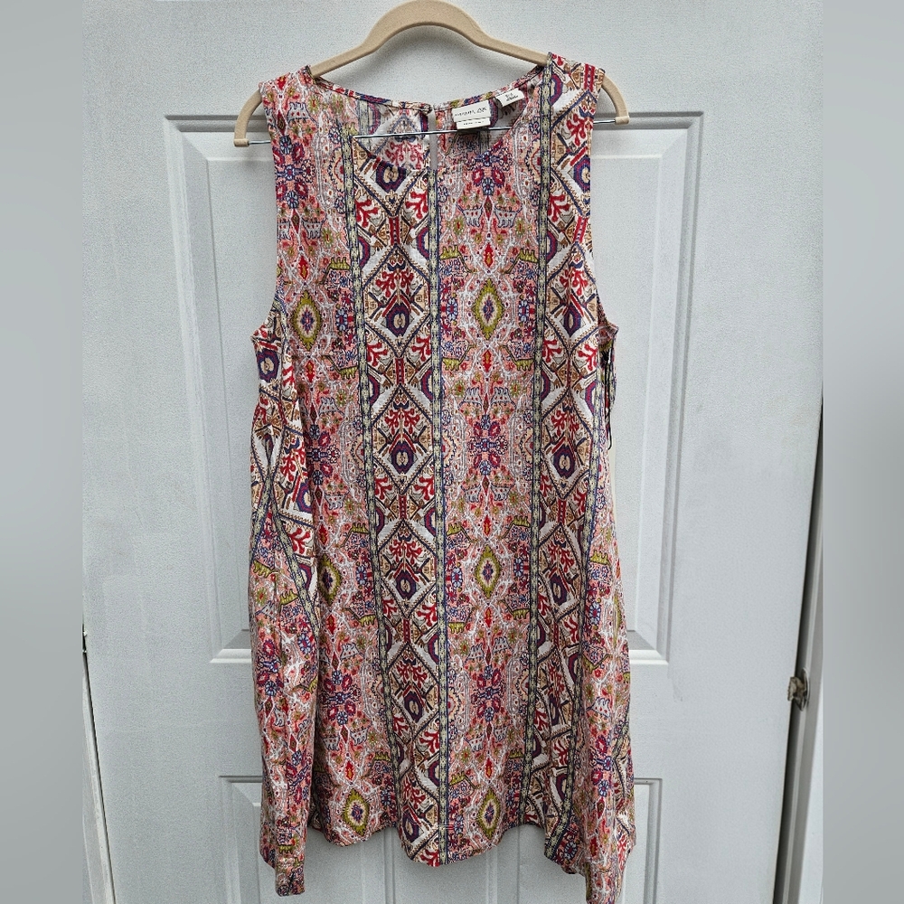 Rachel Zoe Linen Sleeveless Allover Print Boho Tunic Dress Pockets XL